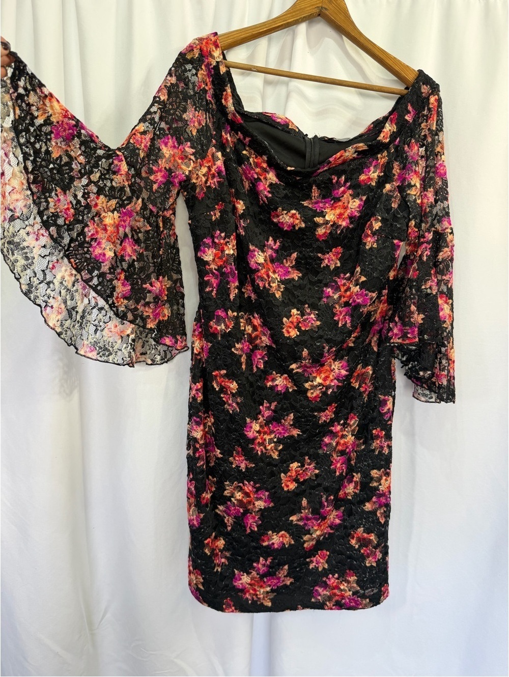 Floral Lace Off-Shoulder Dress in Black and Pink bell sleeves